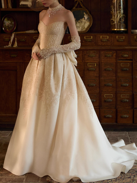 Elegant Ivory Beaded Applique A-Line Strapless Long Wedding Dress TP5023