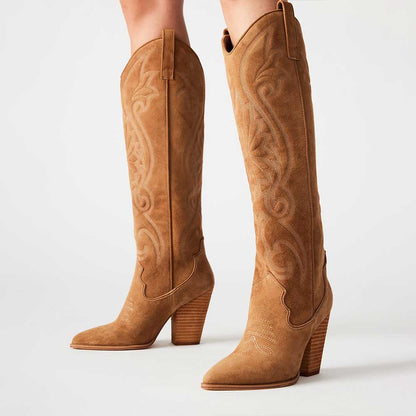 Pointed Toe Chunky Heel Embroidered Knee-high Cowgirl Boots in Brown