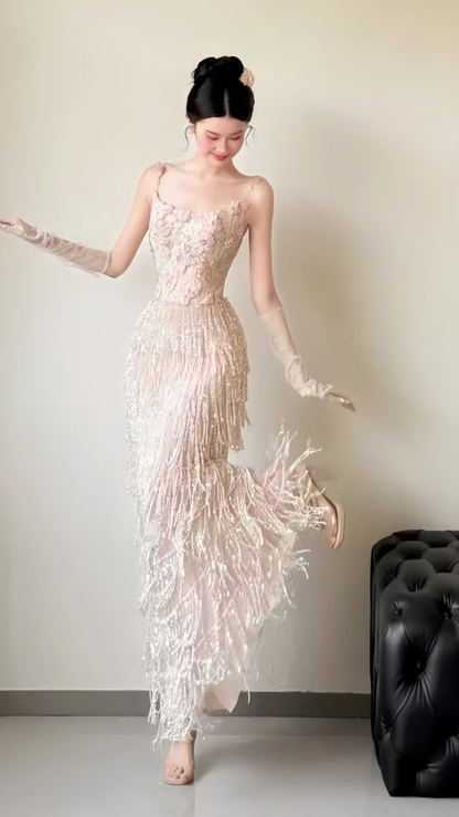 Sparkle Appliques Sheath Prom Dresses Tassel Night Dance Dress cg26085