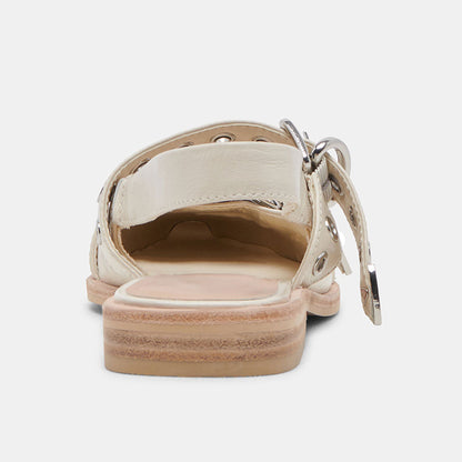 Ivory Patent Leather Pointed Toe Studded Slingback Strappy Flat Pumps