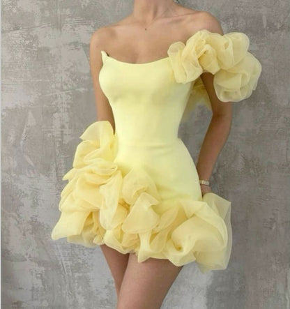 amakanas-Yellow one-shoulder fashion sweet bud skirt short chiffon homecoming dress birthday dress gh5269