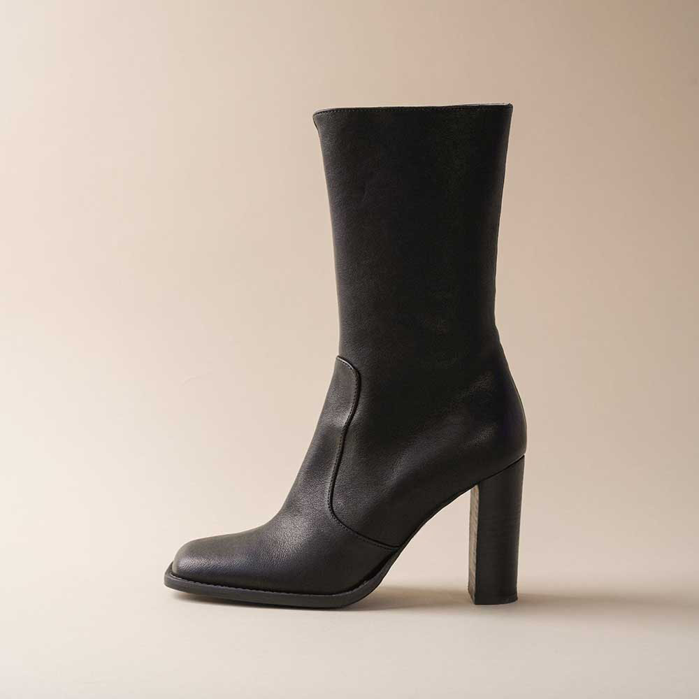 Black Vegan Leather Square Toe Chunky Heel Pull-On Mid Calf Boots