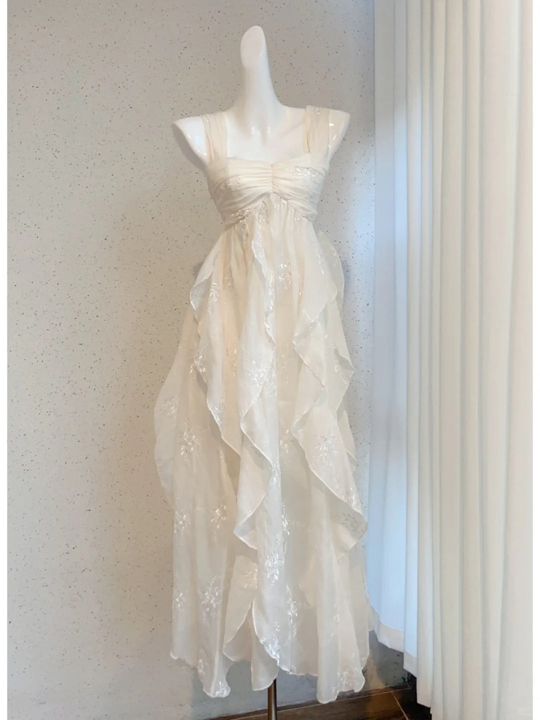 Cute Off-white Ruffled Chiffon Long Prom Dress Evening Dress Bridesmaid Dress P4041