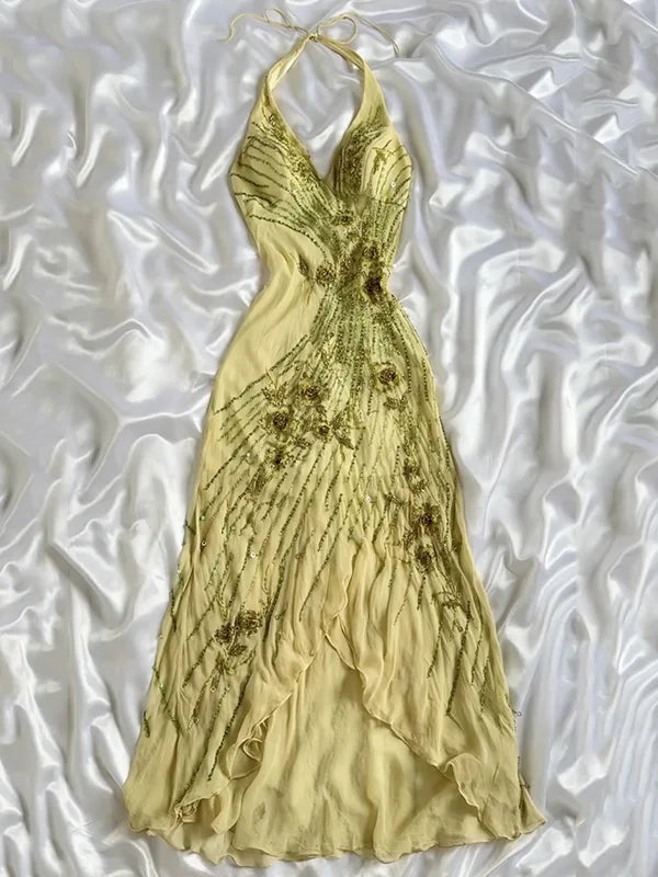 Yellow Pretty Charming Elegant Delicate Floral Beaded Strap Long Chiffon Ball Gown Evening Gown Party Dress Prom Gown gh3823