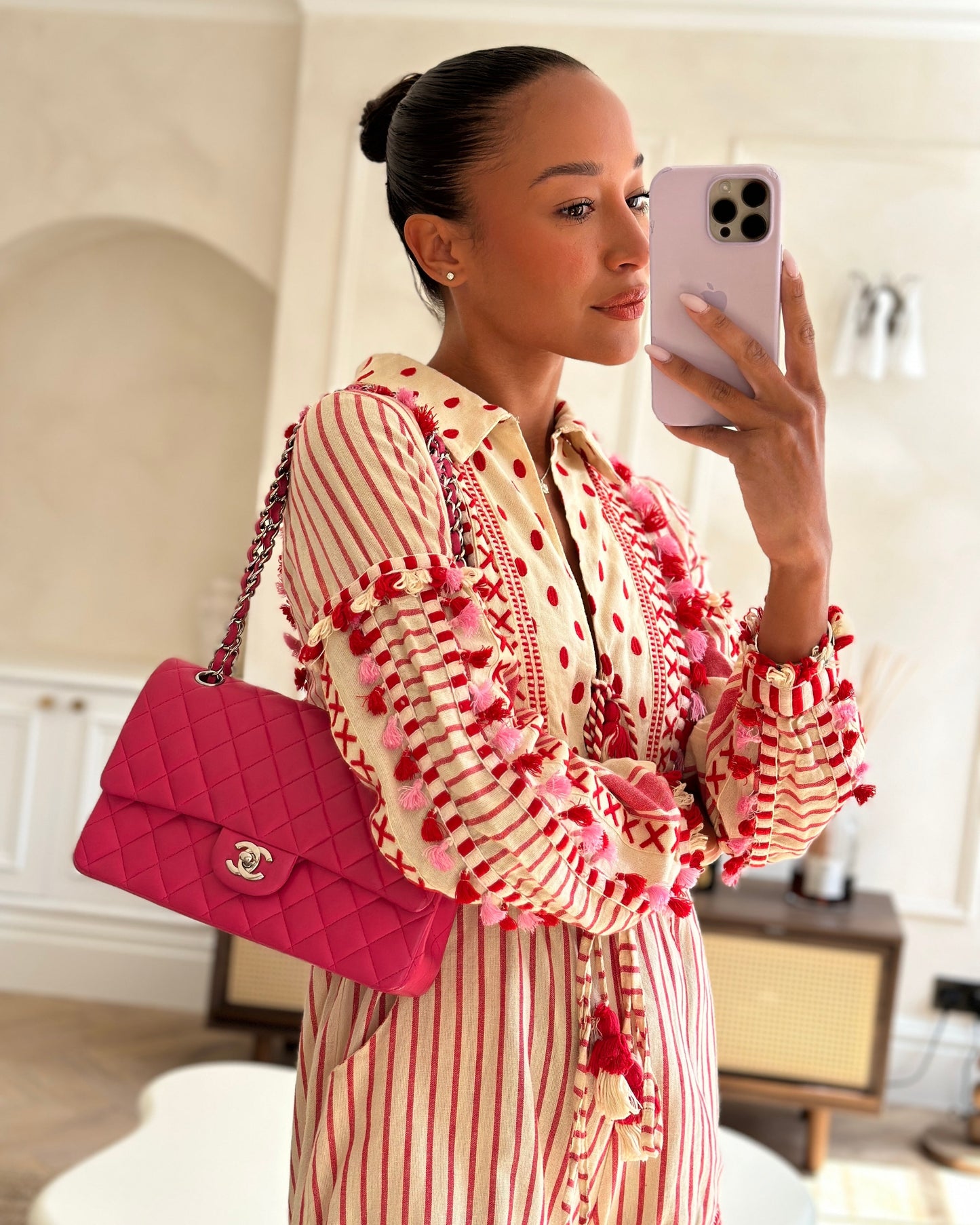 Chanel Hot Pink Medium Classic Double Flap Bag in Lambskin Leather with Silver Hardware