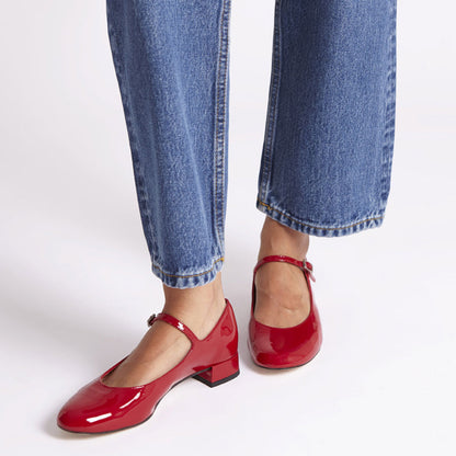 Red Patent Leather Round Toe Buckle Strap Elegant Mary Jane Flats