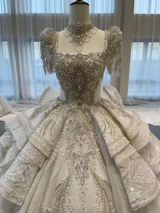 Vintage High Neck Beaded Wedding Dress A-Line Tiered Ruffles Lace Bridal Gown TP5077