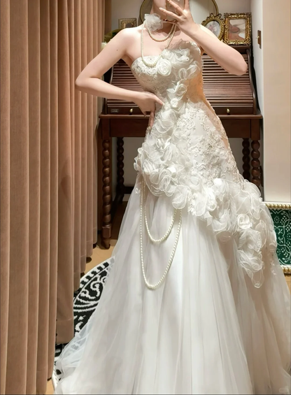 Glamorous Strapless 3D Floral Lace Mermaid Ruffled Embroidery Pearl Accents Wedding Dress TP5335