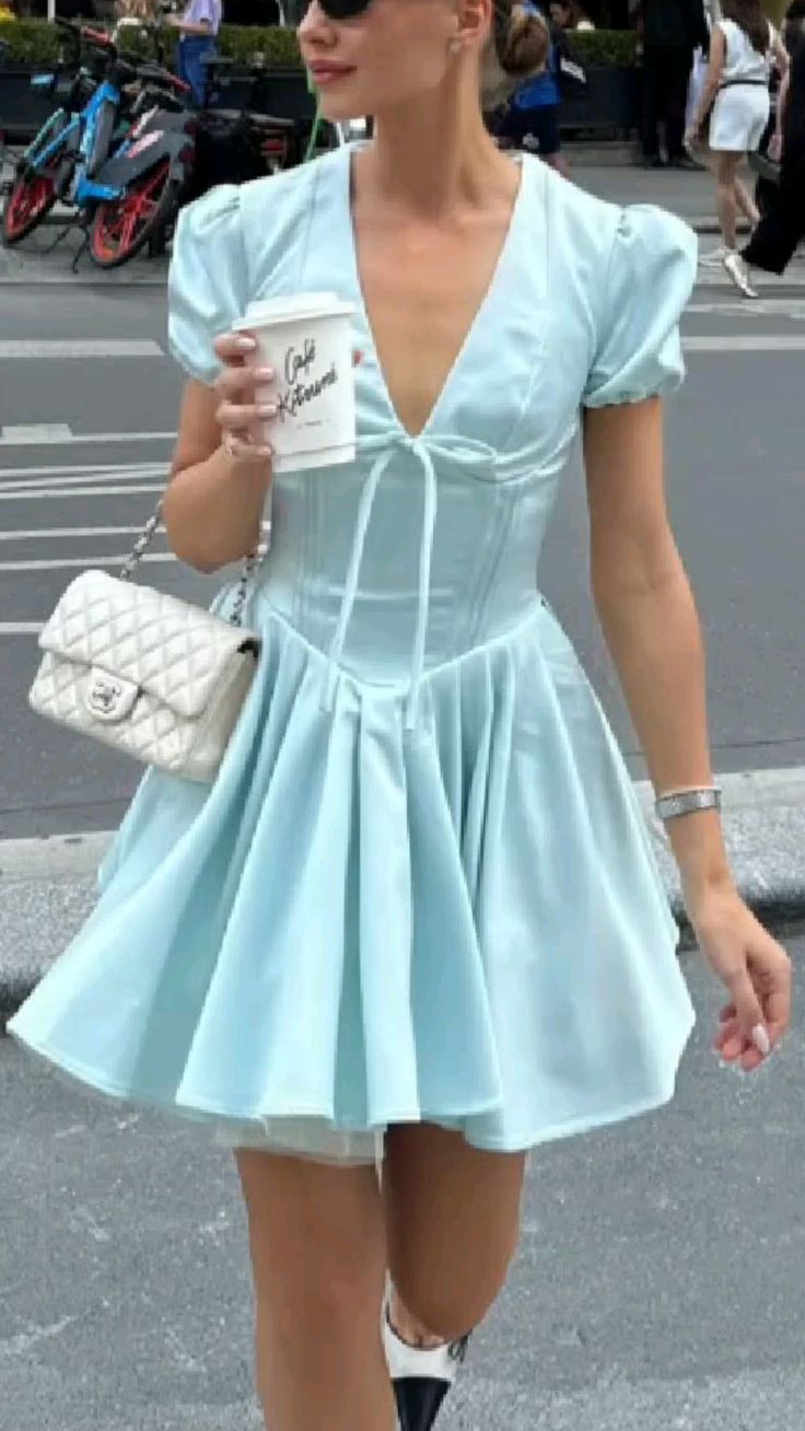 amakanas-Blue Sweet Fashion V-Neck Short Satin Homecoming Dress Birthday Party Dress gh5249