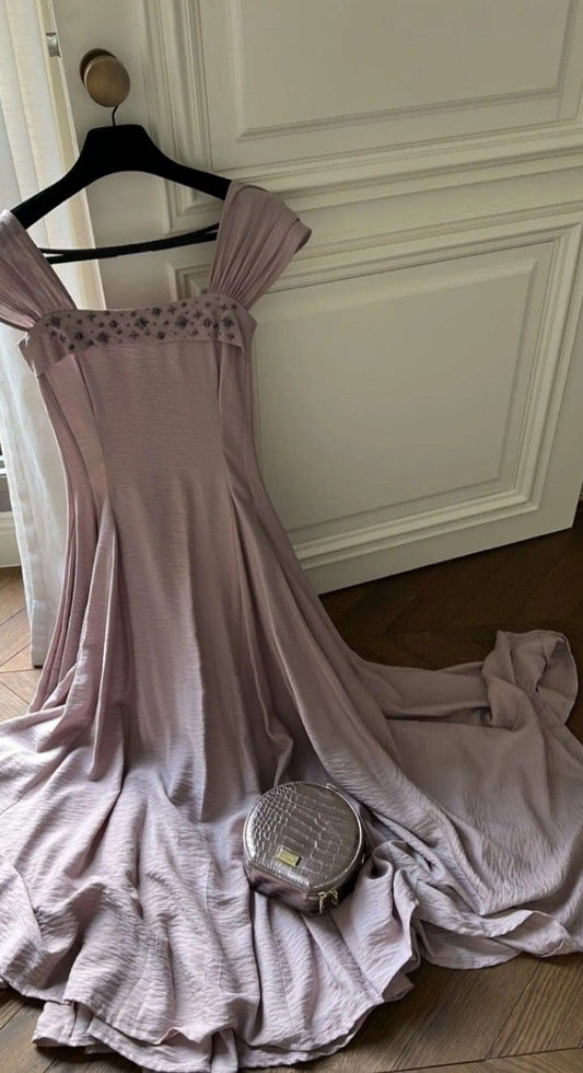 amakanas--Purple Beaded Midi Chiffon Simple Homecoming Dress gh5702
