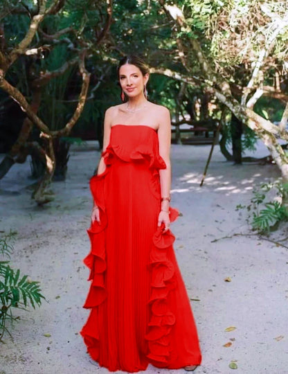 Red/Yellow a-line ruffled long Chiffon ball gown prom dress evening dress wedding guest party dress gh2951