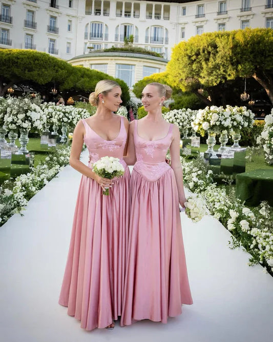 Pink Retro Elegant Square Round Neck A-line Spaghetti Strap Satin Long Evening Dress Birthday Party Dress Bridesmaid Dress gh3717