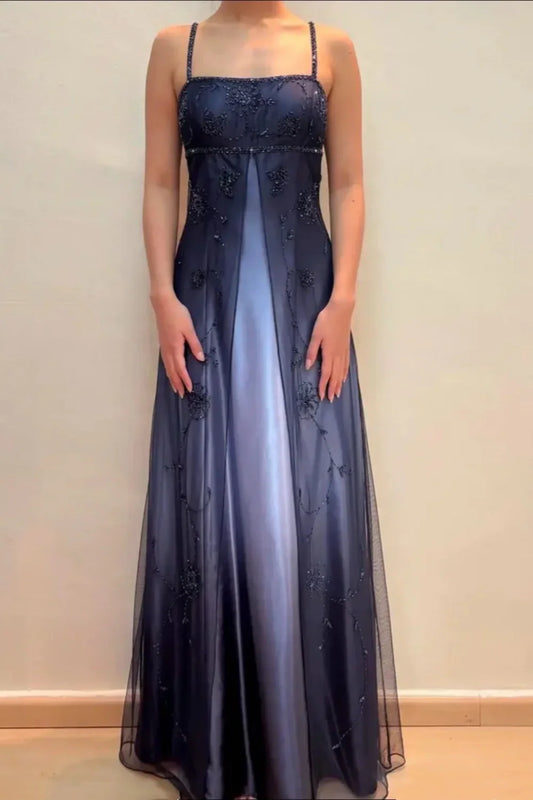 amakanas-Navy Blue Formal Evening Gown With Delicate Beading Details, Long Chiffon Satin Fabric gh6111