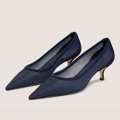 Blue Fabric Pointed Toe Kitten Heel Navy Pumps for Elegant Ladies