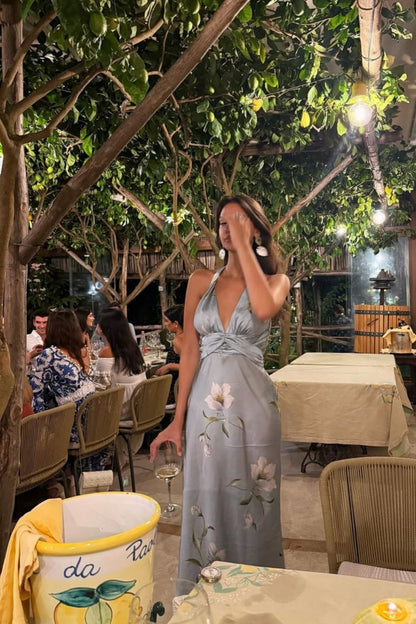 amakanas-Party dress Blue floral long satin dress/vacation dress gh6152