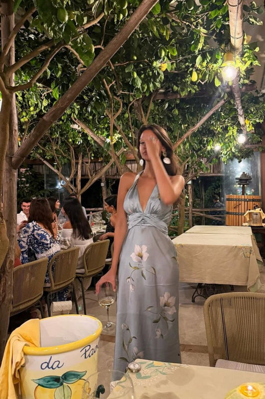 amakanas-Party dress Blue floral long satin dress/vacation dress gh6152