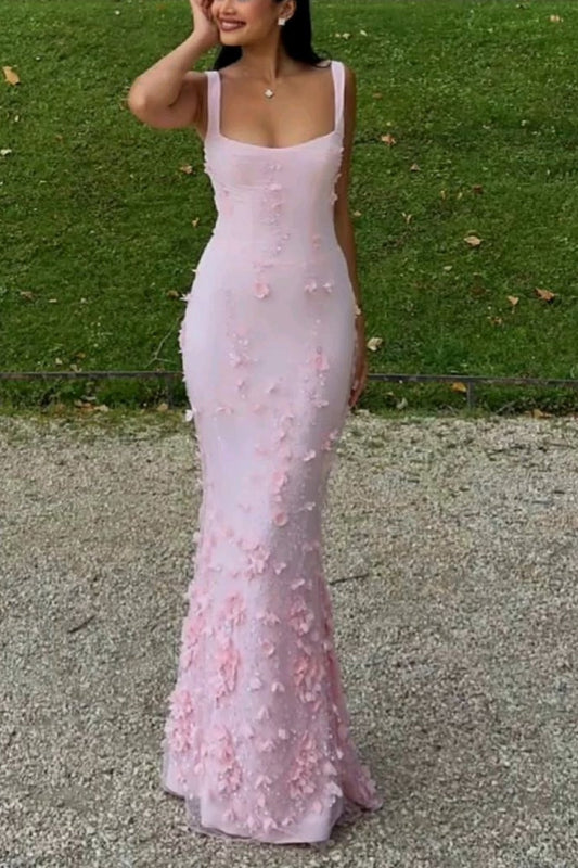 amakanas-Pink floral long satin tulle prom dress ball gown gh5947