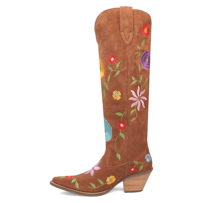 Brown Snip Toe Flower Embroidered Over the Knee Cowgirl Boots