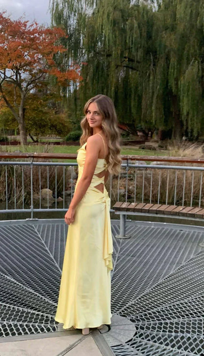 Vintage Yellow V-neck Mermaid Satin Spaghetti Strap Party Dress Evening Gown Bridesmaid Dress TP4297