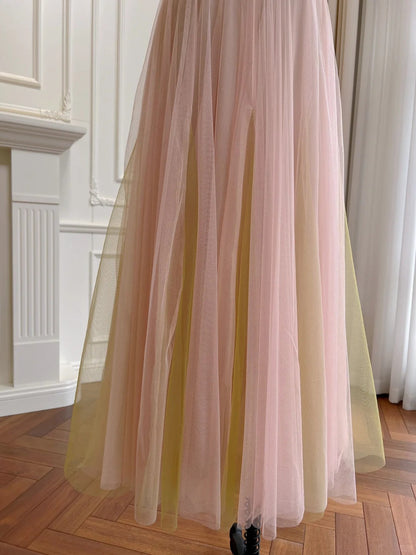 Sweet Pink A-line Suspenders Sequined Tulle Long Prom Dress Evening Dress Bridesmaid Dress P4049