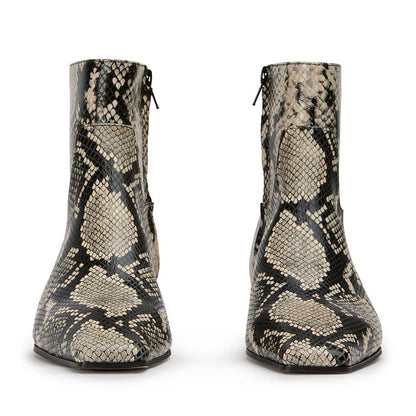 Black Python Embossed Square Toe Ankle Boots with Side Zipper
