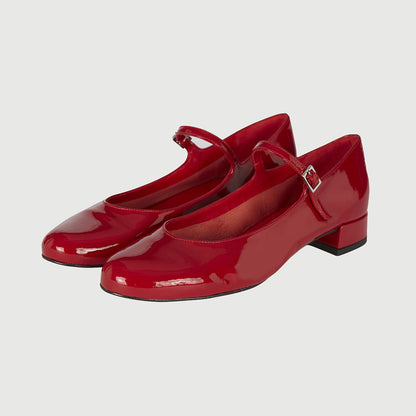 Red Patent Leather Round Toe Buckle Strap Elegant Mary Jane Flats
