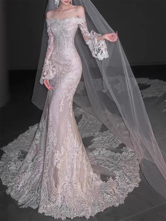 Elegant White Lace Applique Mermaid Off-the-shoulder Long Wedding Dress TP5021