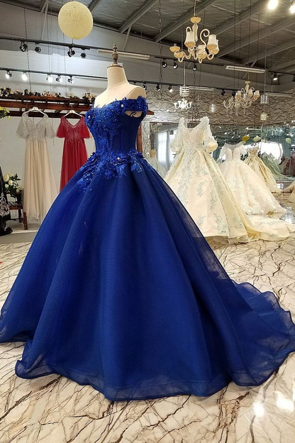 Royal Blue Off-The-Shoulder Evening Dresses, Appliques Formal Prom Dress SH846
