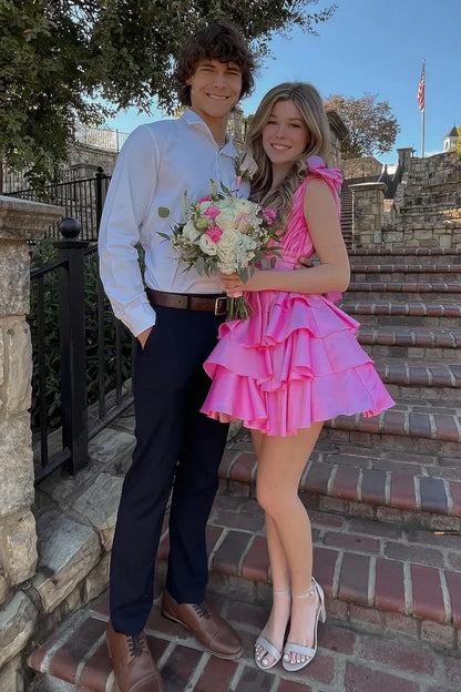 Elegant Black A-Line V-Neck Short Tiered Satin Dress Homecoming Dress