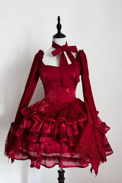amakanas-Long sleeve/sleeveless Vintage Wine Red Lolita Bow Lace Tiered Short Party Dress gh6031