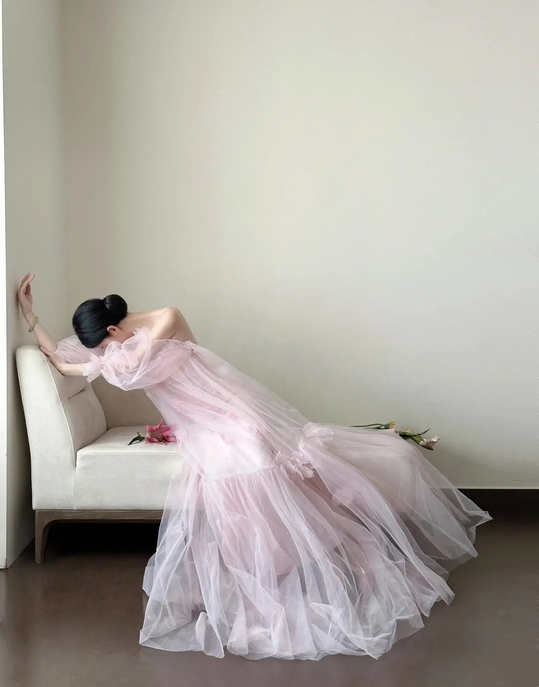 amakanas- Vintage Pink Tulle Off-Shoulder Puff Sleeve Open-Back Long Forest-Style Evening Gown gh6092