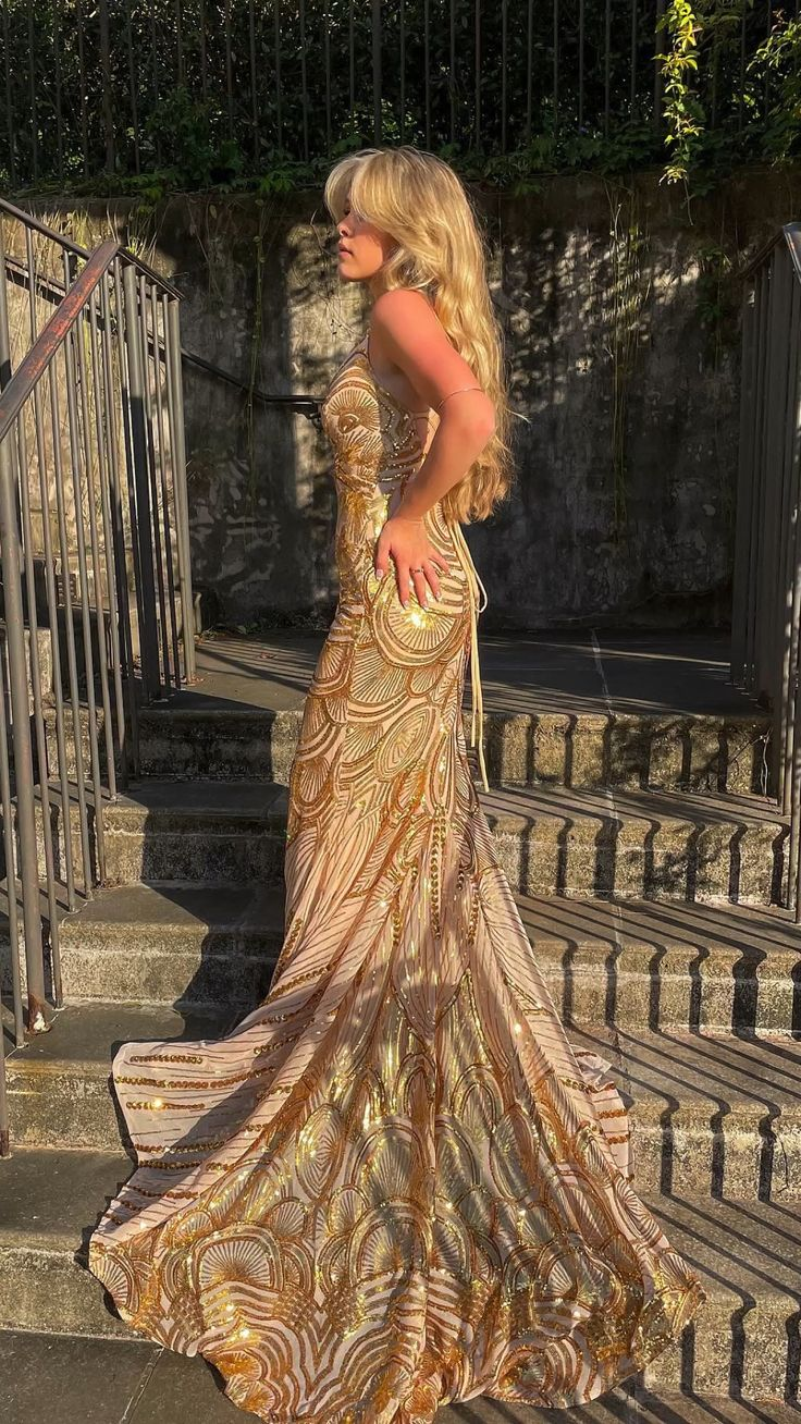Unique Mermaid Golden Sequin Long Sweep Open Back Prom Dress Evening Dress SH1021
