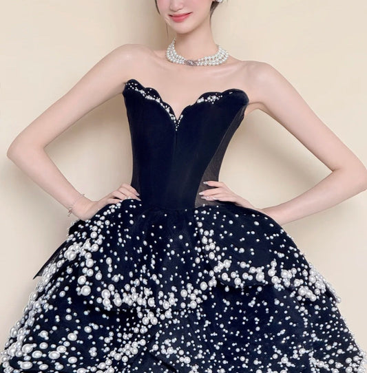 amakanas-Black Luxurious Pearl Beaded Long Satin Floor-Length Ball Gown gh5979