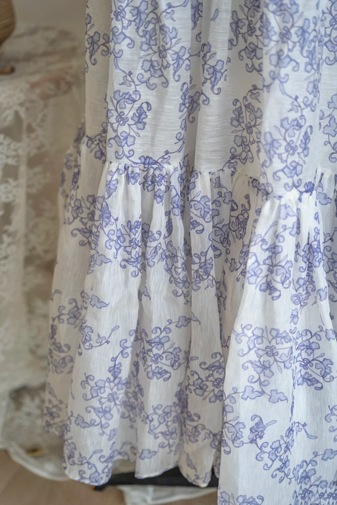 amakanas- Vintage Blue-White Floral Square Neck Spaghetti Strap Long Style Evening Gown gh6036
