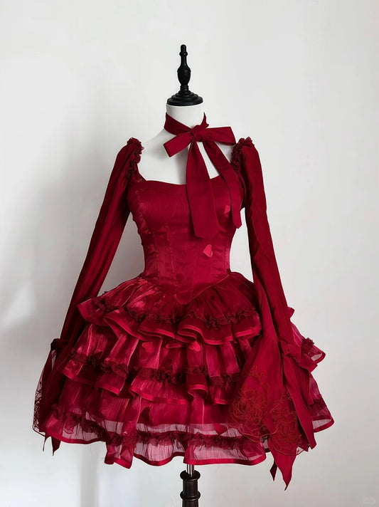 amakanas-Red Princess Long Sleeve Lace Fashion Short Tulle Homecoming Dress Birthday Party Dress gh5417