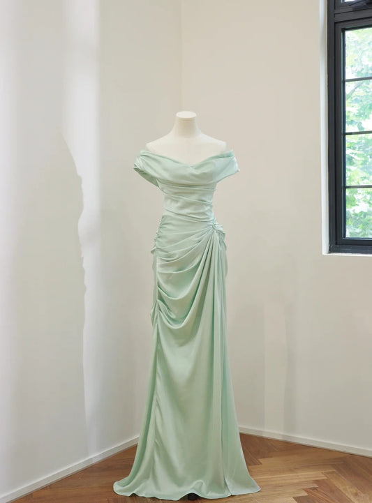 amakanas-Mint Green Simple Fashion Off Shoulder Long Satin Prom Dress Evening Dress Party Dress Bridesmaid Dress gh5057