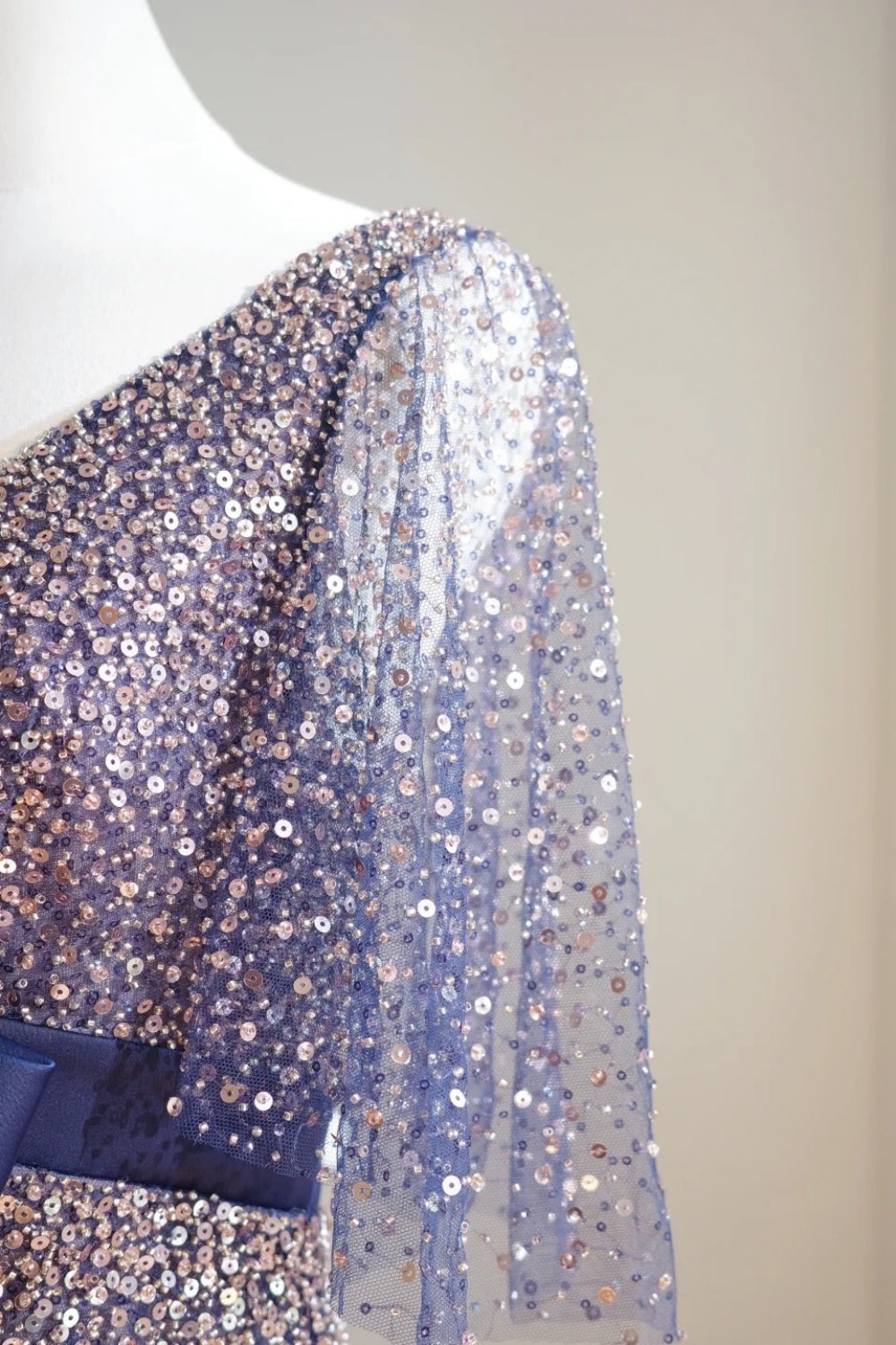 amakanas-Vintage Blue-Gold Gradient V-Neck Sequin Bow Long Evening Gown gh6030