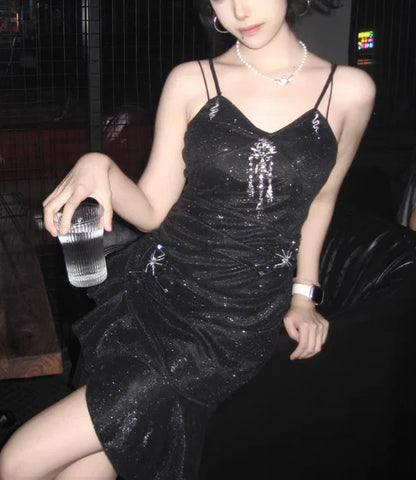 Sparkling Black Sequin Spaghetti Strap Design 16th Birthday Party Dress Homecoming Dress TP4043