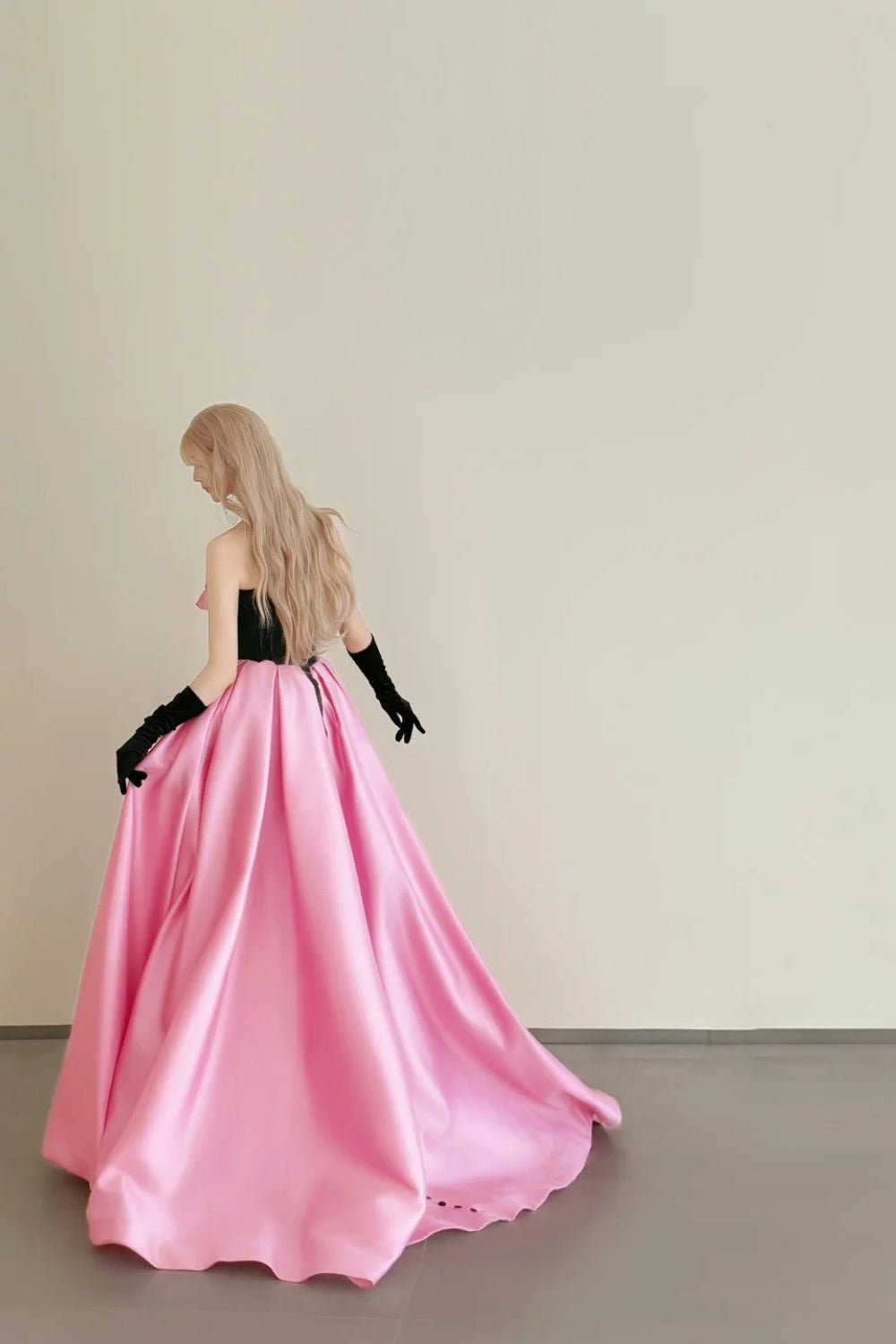 amakanas-Vintage Pink-Black Contrast 3D Floral Strapless Swing Court Style Evening Gown gh6029