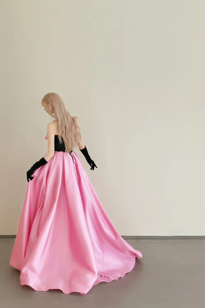 amakanas-Vintage Pink-Black Contrast 3D Floral Strapless Swing Court Style Evening Gown gh6029