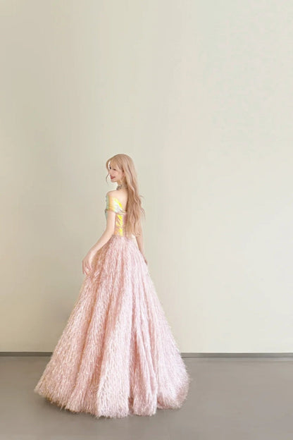 amakanas-Vintage Pink-Gold Contrast Off-Shoulder Court Style Evening Gown gh6027