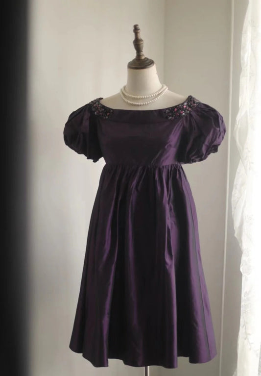 Purple Beaded Vintage Homecoming Dress Short Satin Prom Dress Evening Dress Graduation Dress gh4496