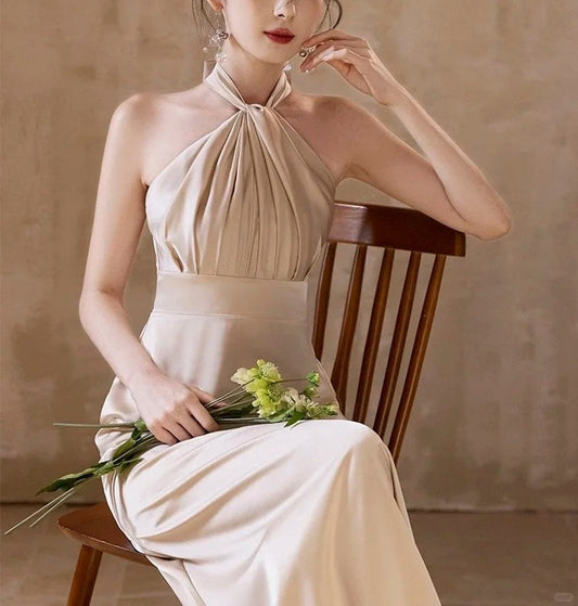 Champagne Elegant Fashion Long Satin Ball Gown Evening Dress Party Dress Bridesmaid Dresses Prom Dress Wedding Mother of the Year Dress gh3998