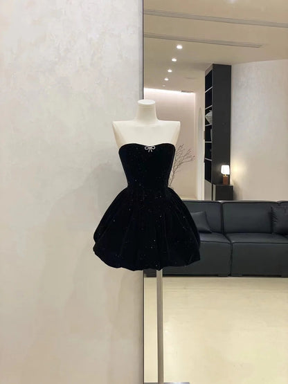 Burgundy/Black shiny homecoming dress short velvet prom dress evening dress birthday dress gh4526