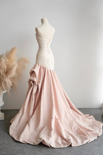 amakanas- Vintage Pink-White Contrast Ruched Strapless Mermaid Long Evening Gown gh6091