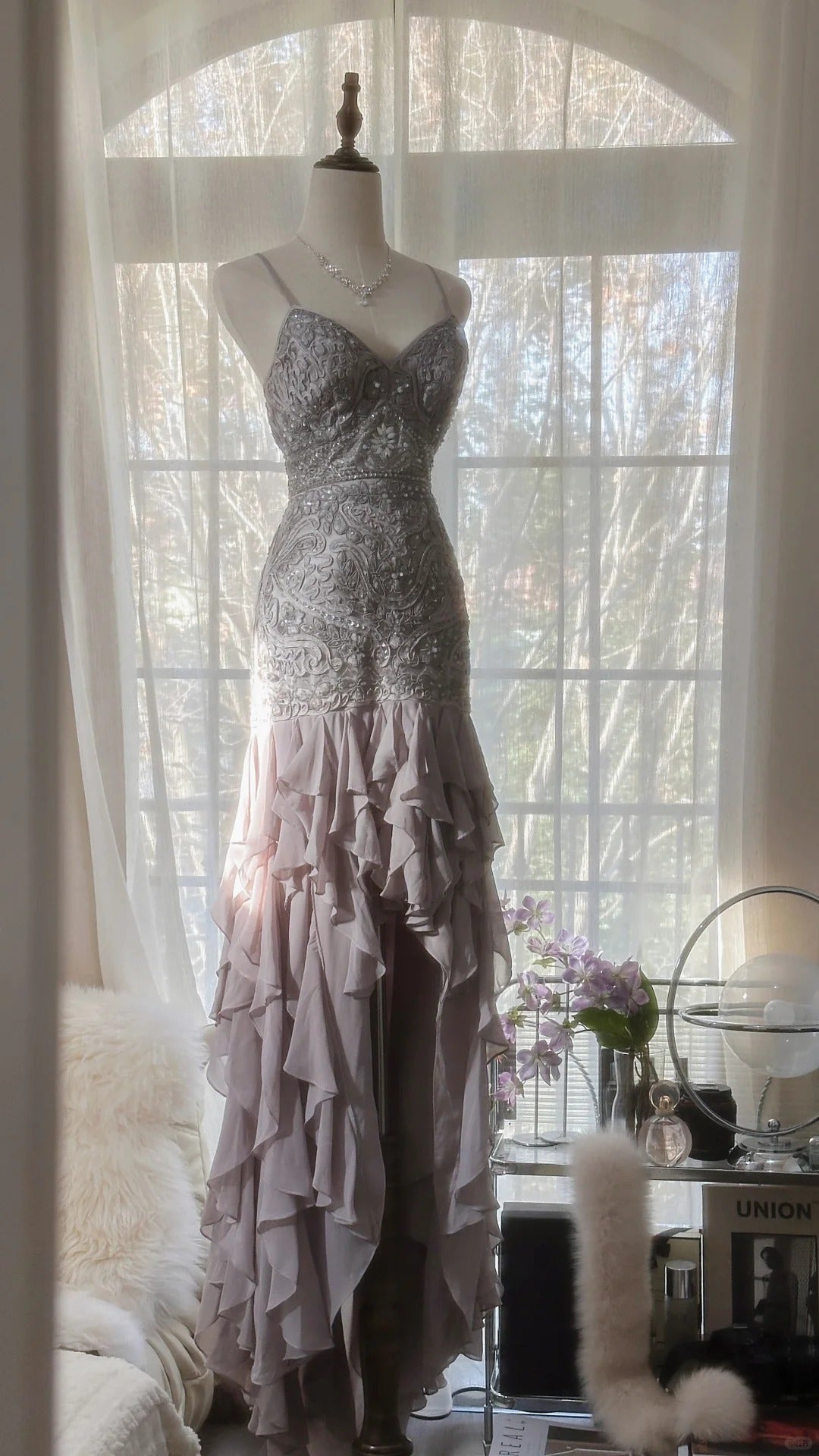 Purple Romantic Gorgeous Exquisite Elegant Beaded Lace Long Chiffon Evening Gown Ball Gown Prom Dress Birthday Holiday Party Dress gh4046