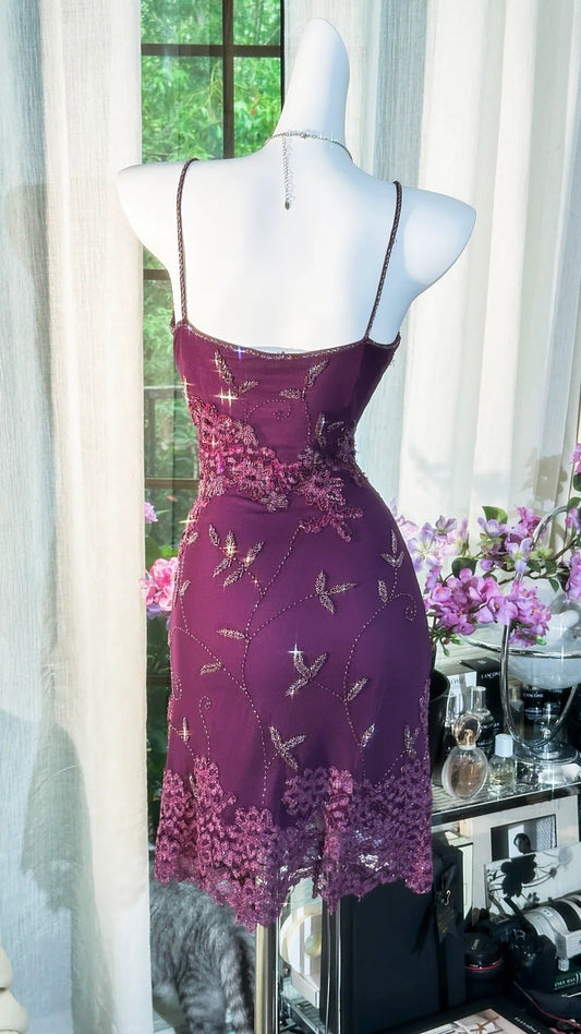 Purple Floral Gold Beaded Short Lace Chiffon Homecoming Dress Birthday Party Dress gh4621