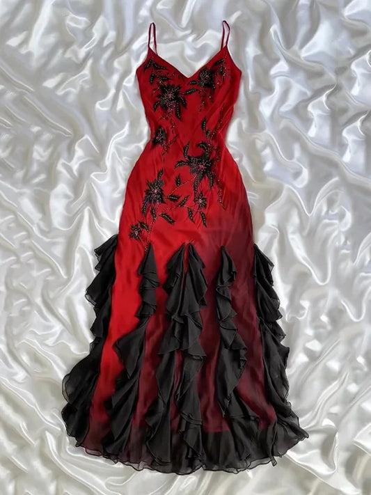 amakanas-Fairy-Tale Dress, Red Ruffled Black Long Chiffon Dress With Delicate Floral Beading. gh6109