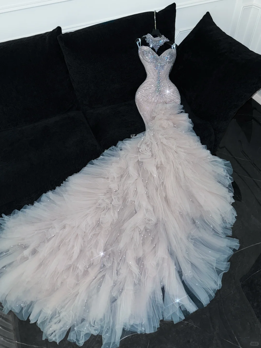 Shiny Beaded White Sweetheart Tulle Sequin Design Elegant Mermaid Floor-length Wedding Dress TP4190