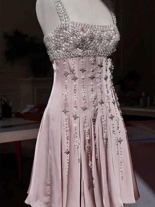amakanas-Pink Gorgeous Exquisite Beaded Short Satin Homecoming Dress Birthday Dress gh5306